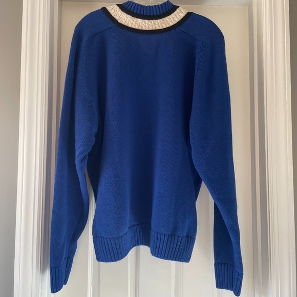Claiborne 1990s Cricket Style Cotton Sweater Blue Cream Black Trim Size Mens Med - Picture 3 of 9